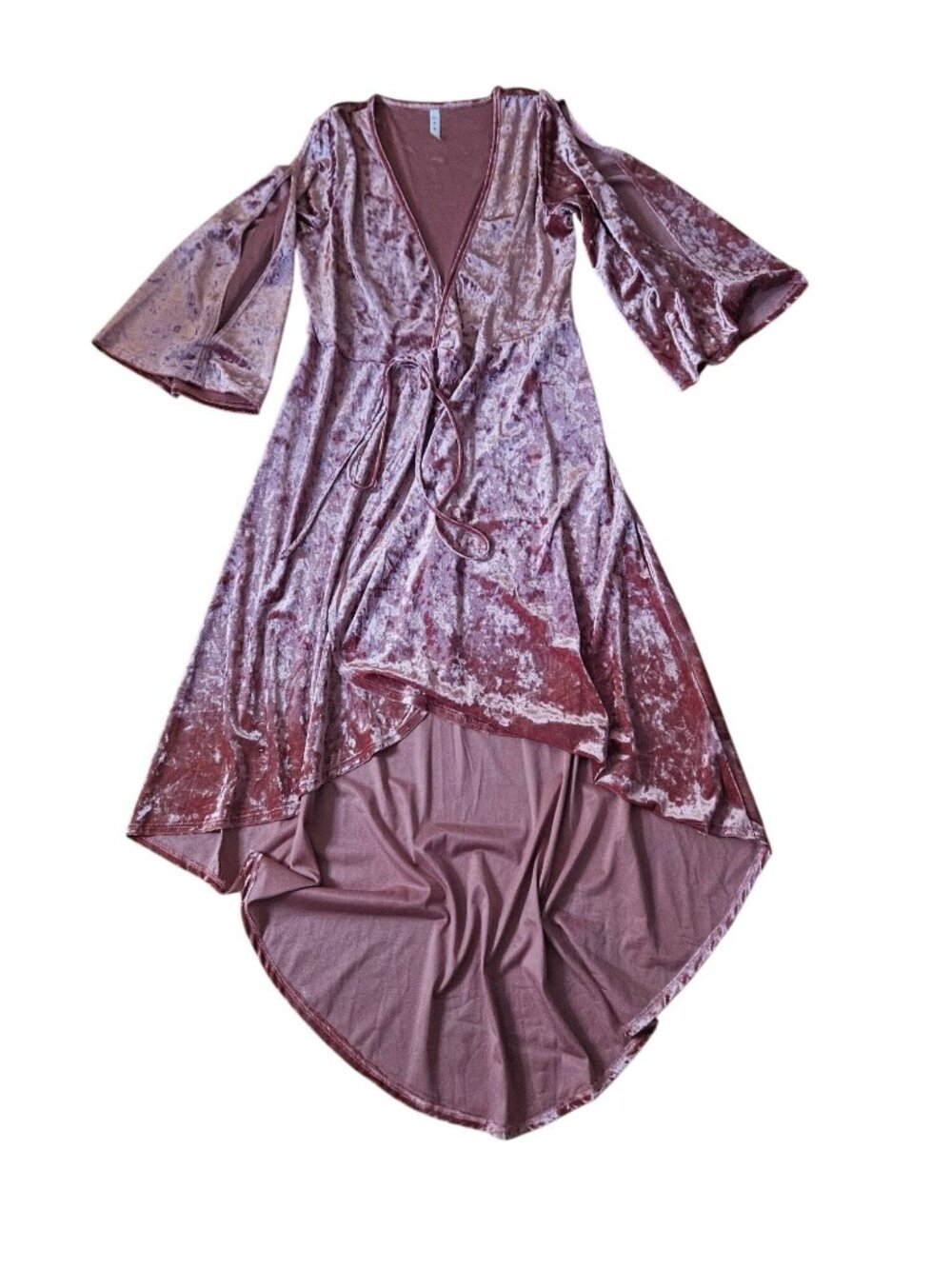 Velvet Rose Pink Wrap Dress With Bell Sleeves & High-Low Hem - MTS